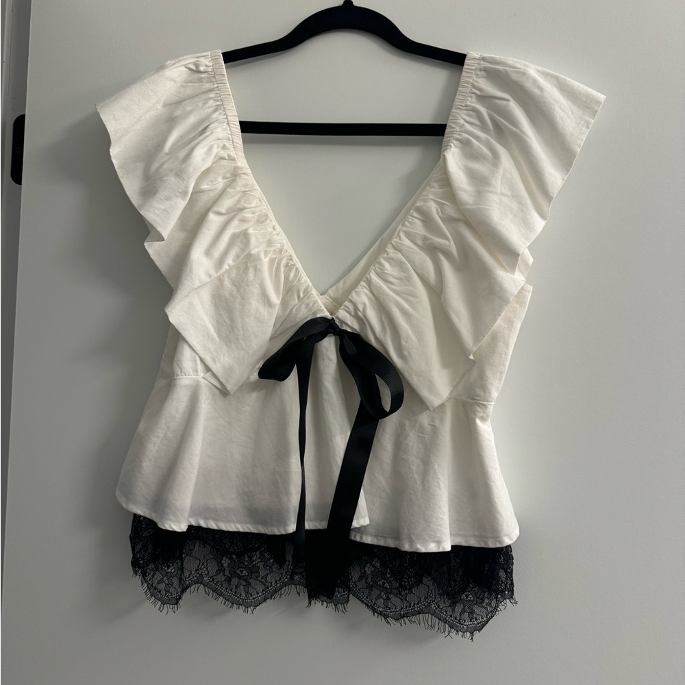 Anthropologie Cream Ruffle Top with Black Lace